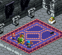 Mario using the Lazy Shell to attack a Lakitu in Super Mario RPG: Legend of the Seven Stars
