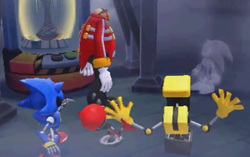 Dr. Eggman challenges an imposter of Sonic while Metal Sonic, Orbot, and Cubot look on