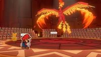 Mario faces off against the Fire Vellumental in Paper Mario: The Origami King