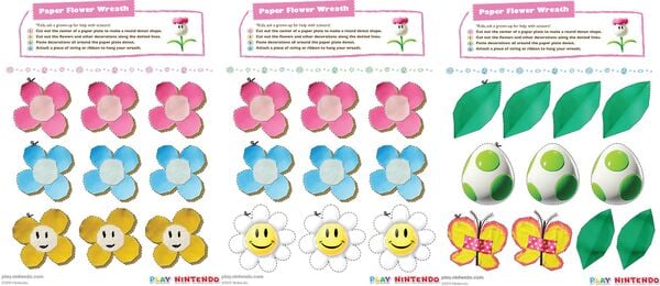 Printable sheets for a flower wreath inspired by Yoshi's Crafted World. The decorations featured on the sheets include Smiley Flowers and Yoshi's Eggs.