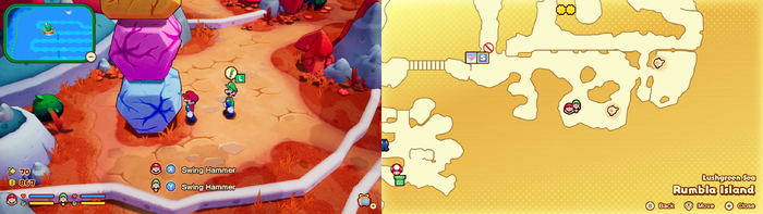 Mario and Luigi near a stack of breakable rocks with a present on top which contains a Nut on Rumbla Island of Mario & Luigi: Brothership.