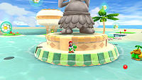 Mario and Yoshi near the Pianta statue in Starshine Beach Galaxy.