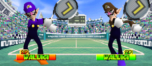 Waluigi and his alternate costume from Mario Tennis in the Tiebreaker mode.