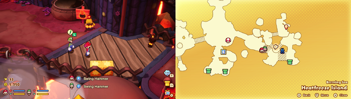 Mario and Luigi near wooden crates containing a Five Coin on Heatfreeze Island of Mario & Luigi: Brothership.