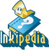 A golden inkling squid over a blue book, with a shiny golden text "Inkipedia" below them.