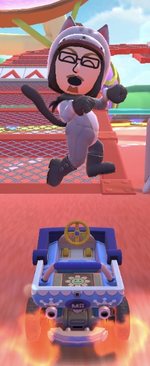 The Cat Mii Racing Suit performing a trick.
