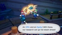 Mario and Luigi bring back an Offin and Egoby to Leyden during the Leyden's Piscine PR Plans side quest in Mario & Luigi: Brothership.