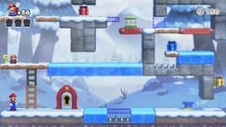 Screenshot of Slippery Summit Plus level 6-2+ from the Nintendo Switch version of Mario vs. Donkey Kong