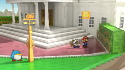 Mario next to the Shine Sprite outside Poshley Sanctum in Poshley Heights in the remake of the Paper Mario: The Thousand-Year Door for the Nintendo Switch.