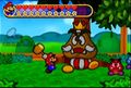 An early battle with the Goomba King, who has a white bandage visible under his crown