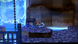 Mario near 2 Coins hidden behind the elevated ground with the gear to put Gate Handle in, found in the lower part of the waterfall area in Pirate's Grotto of Paper Mario: The Thousand-Year Door for Nintendo Switch.