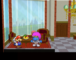 Mario near a Omelette Meal in Poshley Heights of Paper Mario: The Thousand-Year Door.