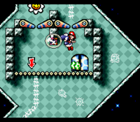 Yoshi about to morph into a Train in a bonus room in the level Raphael The Raven's Castle in Super Mario World 2: Yoshi's Island.