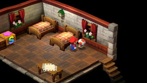 Toad giving Mario a Flower Tab on the second floor of the inn in Rose Town of Super Mario RPG.