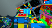 Mario atop the Train Planet in the Toy Time Galaxy