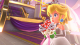 Princess Peach in a wedding dress on Bowser's ship.