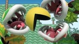 Pac-Man with three Piranha Plant fighters on the Mushroom Kingdom II stage