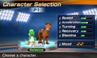 Yoshi's stats in the horse racing portion of Mario Sports Superstars