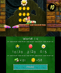 Smiley Flower 1: Yellow Yoshi must hit a bucket shortly after the second giant hammer to release a Spring Ball, which can bounce him up to an area containing the first Smiley Flower.