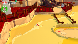 Mario standing near a Coin in Autumn Mountain of The Origami King.