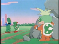 Cheatsy spies on Luigi and Yoshi.
