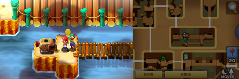 Luigi getting a Coin from the fish head statue found in the Hoohoo Village part of Hoohoo Mountain of Mario & Luigi: Superstar Saga + Bowser's Minions.