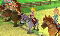 Donkey Kong, Princess Peach, Princess Daisy, and Rosalina prepare to horse race in Mario Sports Superstars.