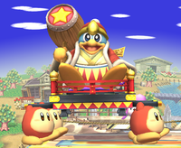 Waddle Dees carrying King Dedede onto the stage in Super Smash Bros. Brawl