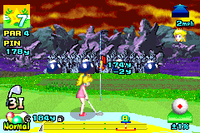 A row of Bob-ombs in front of Princess Peach on Hole 7 of the Mushroom Course from Mario Golf: Advance Tour