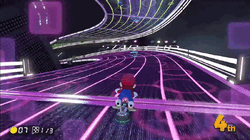 Mario performing a Spin Boost on a Spin Boost Pillar, taken in Mario Kart 8 Deluxe