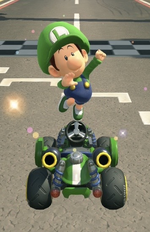 Baby Luigi performing a trick.