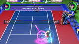 Mario and Waluigi competing in a tennis match