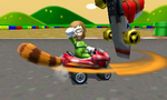 A Mii on the course using the Super Leaf.