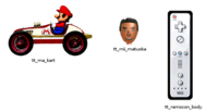 Some beta models of Mario Kart Wii, including Mario, a Mii and a Wiimote.