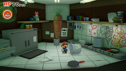 Mario standing near a pot containing a Healing Heart in Overlook Tower of The Origami King.