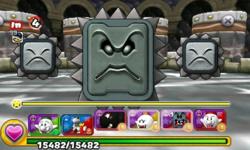Screenshot of Thwomp & Thwimps as the alternative boss of World 7-Castle, from Puzzle & Dragons: Super Mario Bros. Edition.