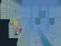 Mario next to the Shine Sprite in Poshley Sanctum in Paper Mario: The Thousand-Year Door.