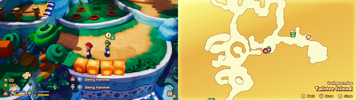 Mario and Luigi near wooden crates containing 2 Coins on Twistee Island of Mario & Luigi: Brothership.