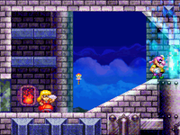 The flaming wall of spirits in Blowhole Castle from Wario: Master of Disguise