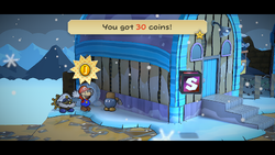 Mario getting 30 Coins from Gob in Fahr Outpost of Paper Mario: The Thousand-Year Door for Nintendo Switch.