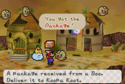 Mario receiveing Package from a Boo in Gusty Gulch of Paper Mario.