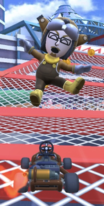 The Monty Mole Mii Racing Suit performing a trick.