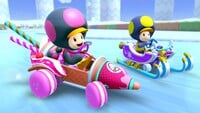 Penguin Toad and Penguin Toadette driving on SNES Vanilla Lake 1