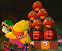 Thumbnail of the Waluigi Cup challenge from the Wario vs. Waluigi Tour; a Goomba Takedown challenge set on 3DS Bowser's Castle (reused as the Luigi Cup's bonus challenge in the 2022 Mario vs. Luigi Tour and the Koopa Troopa Cup's bonus challenge in the 2023 Bowser Tour)