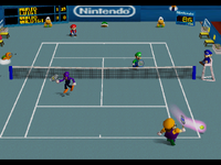 Wario missing a Power Shot in the game Mario Tennis (Nintendo 64).