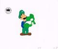 Unused animation cel of Luigi holding Baby Yoshi. (This would have been used when Luigi asked Baby Yoshi if he was hungry. He would reach into his pocket to get something to give to Baby Yoshi.)