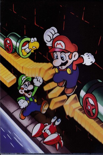 Mario Bros. 1993 PAL NES re-release artwork featuring Mario, Luigi, Turtle, and Crab.