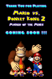 The "Thank You For Playing" screen of the DS Download Station: Volume 3 demo build of Mario vs. Donkey Kong 2: March of the Minis.