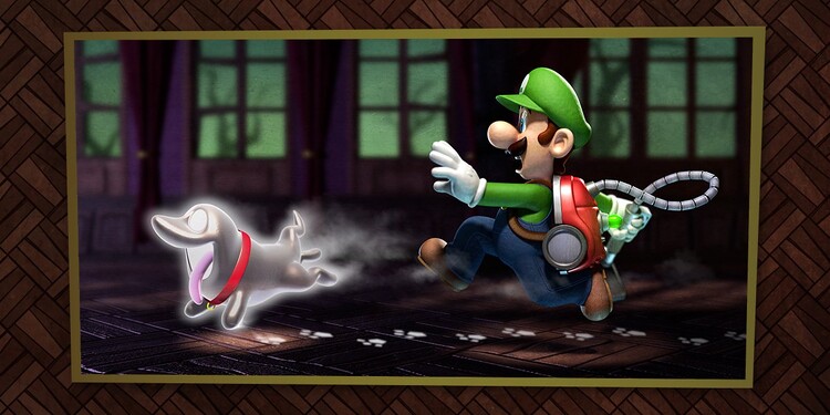 Artwork of Luigi and Polterpup shown with the fifth question of Luigi's Mansion 2 HD Ghost Personality Quiz.