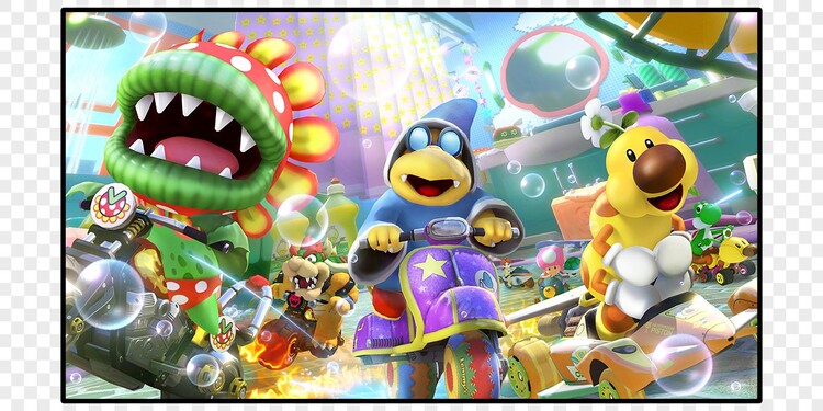 Screenshot of Petey Piranha, Kamek, and Wiggler in Mario Kart 8 Deluxe shown with question 6 of the Mario Kart 8 DLC Character Personality Quiz.